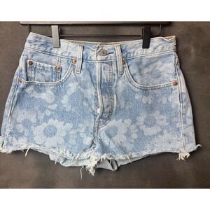 Levi's 501 Shorts Sz 26 Blue Denim Button Fly Frayed Hem Floral Summer Casual